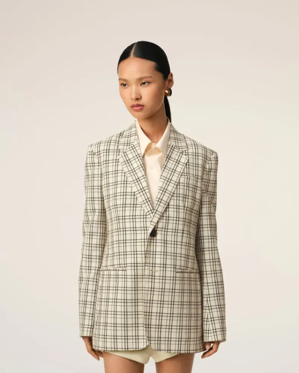 Online Beige Checked Wool Semi-Lined Jacket Women Denim | Coats & Jackets