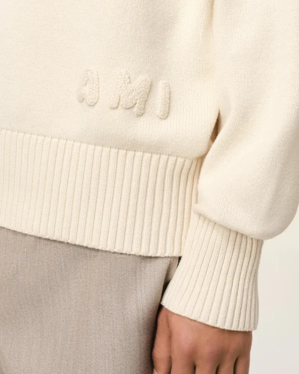 Flash Sale Beige Cotton Ami Embroidered Crewneck Sweater Sweaters & Cardigans | Ami De Coeur