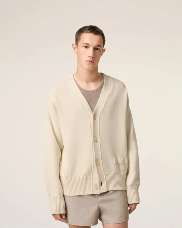 Cheap Beige Cotton Wool Ami Embroidered Cardigan Sweaters & Cardigans | Ami De Coeur