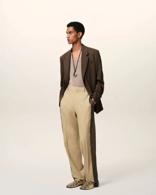 Sale Beige Wool Contrasted Band Straight Trousers Trousers