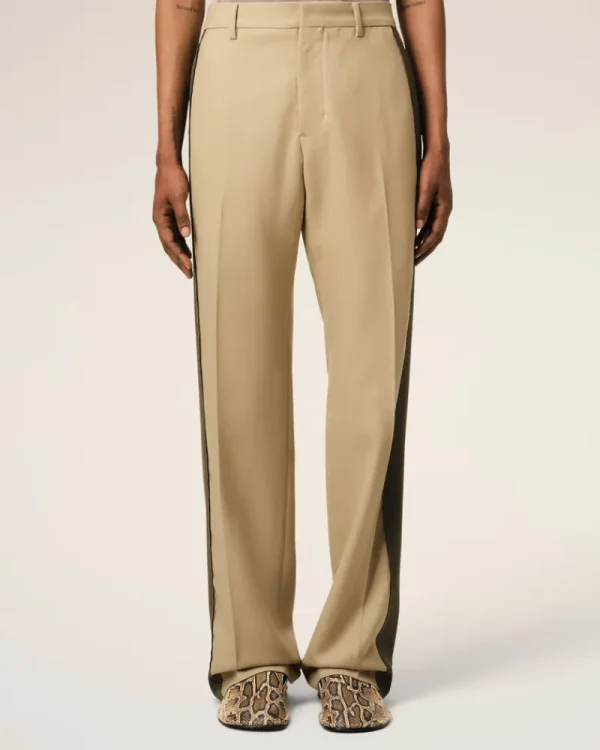 Sale Beige Wool Contrasted Band Straight Trousers Trousers