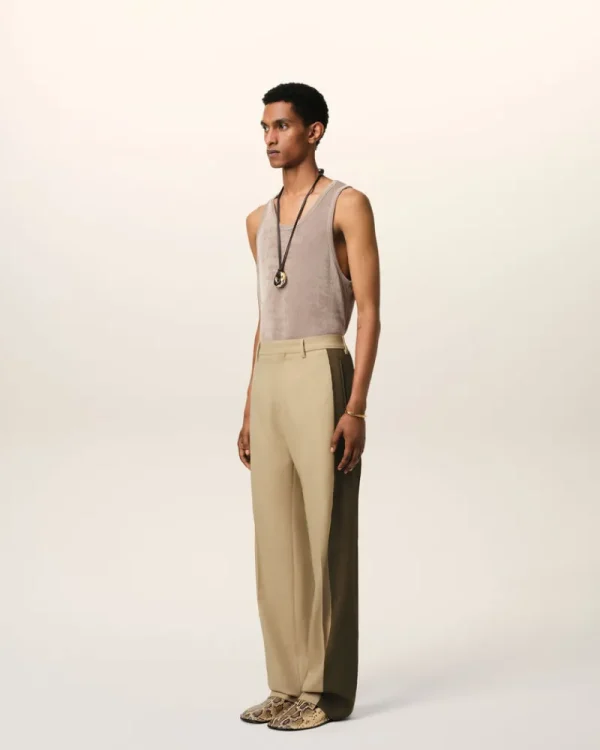 Sale Beige Wool Contrasted Band Straight Trousers Trousers