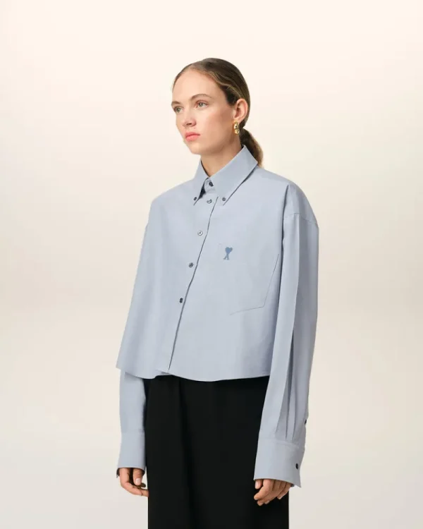 Outlet Blue Cotton Button-Down Cropped Oversized Shirt Women Shirts | Ami De Coeur