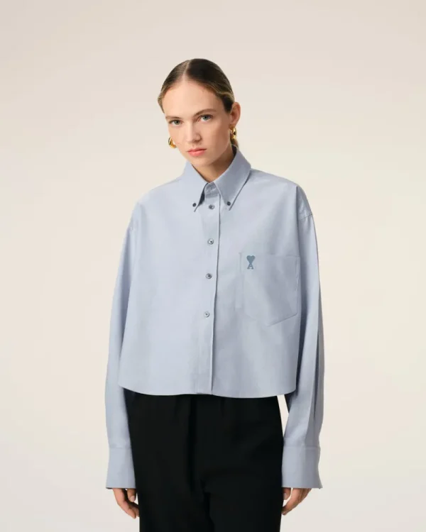 Outlet Blue Cotton Button-Down Cropped Oversized Shirt Women Shirts | Ami De Coeur