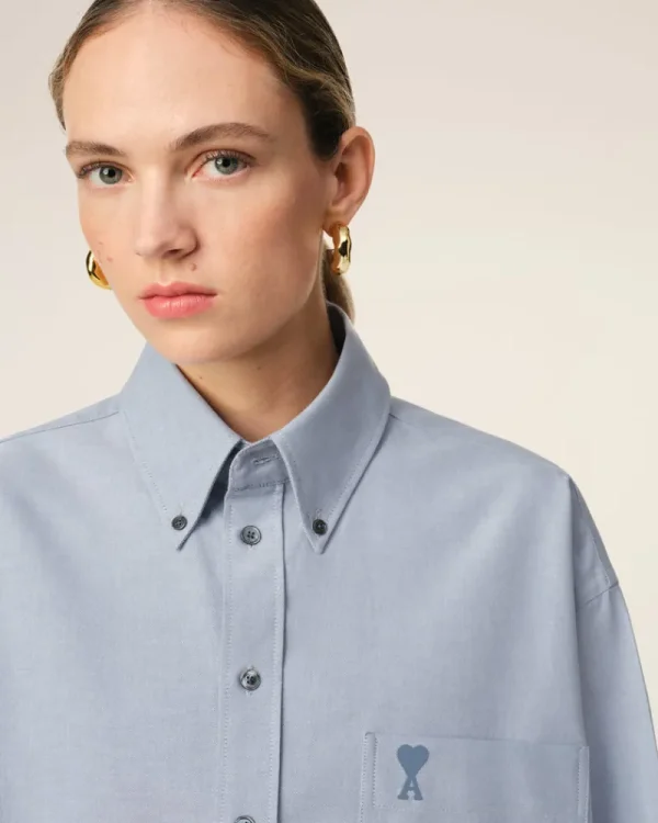 Outlet Blue Cotton Button-Down Cropped Oversized Shirt Women Shirts | Ami De Coeur