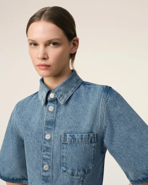 Best Blue Cotton Short Sleeve Shirt Dress Women Denim | Dresses & Jumpsuits