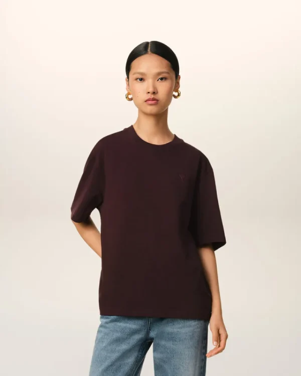 New Burgundy Cotton Tonal Ami de Coeur T-Shirt Women T-shirts & Polos | Ami De Coeur