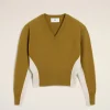 Sale Khaki Wool Knit Bicolor V Neck Sweater Women Sweaters & Cardigans | Ami De Coeur