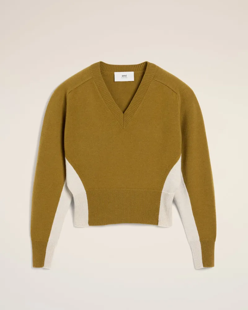 Sale Khaki Wool Knit Bicolor V Neck Sweater Women Sweaters & Cardigans | Ami De Coeur