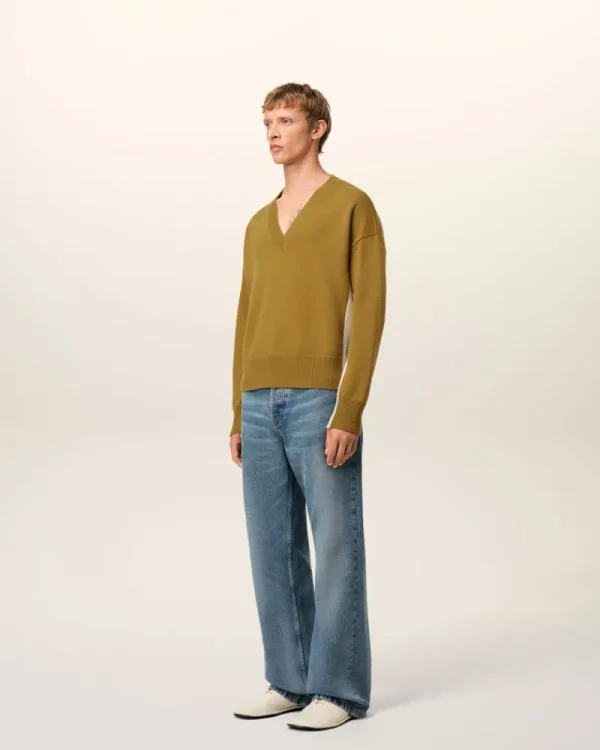 Best Sale Khaki Wool Knit Bicolor V Neck Sweater Sweaters & Cardigans | Ami De Coeur