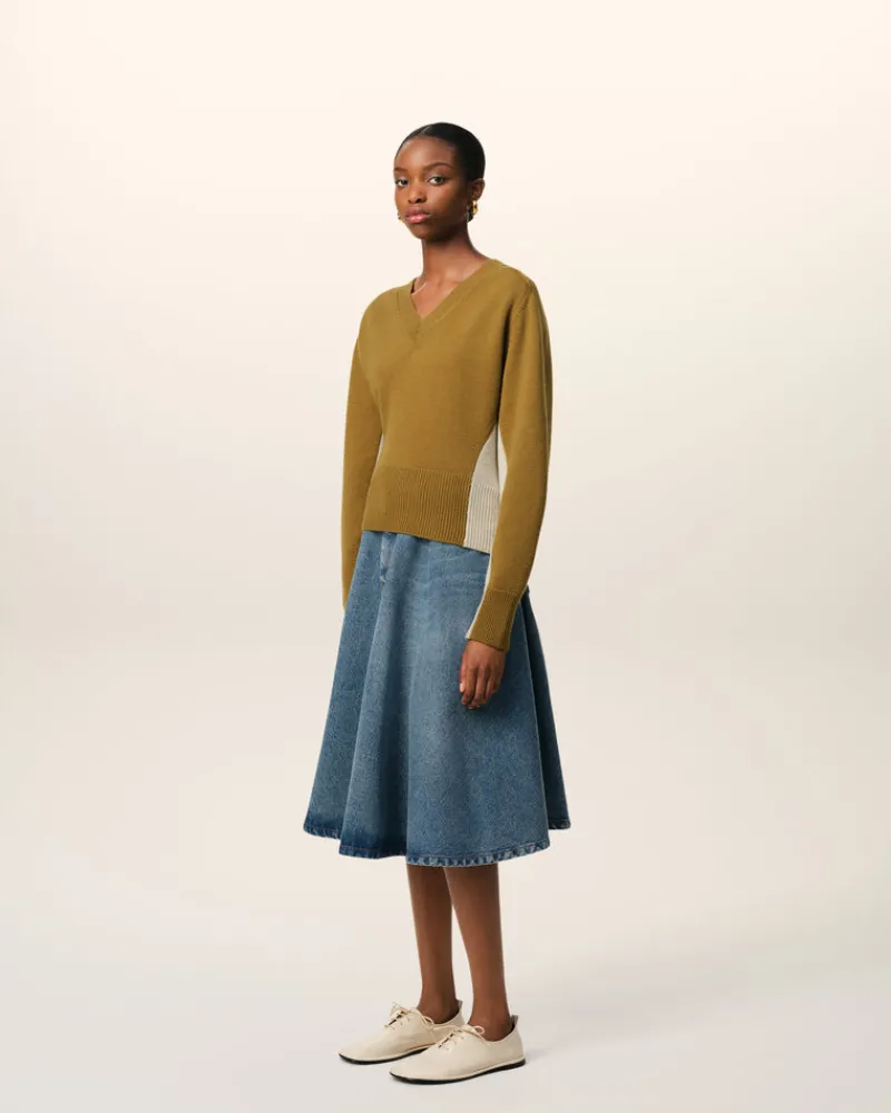 Sale Khaki Wool Knit Bicolor V Neck Sweater Women Sweaters & Cardigans | Ami De Coeur