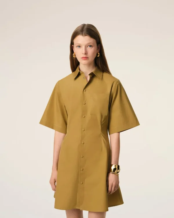 Flash Sale Mustard Cotton Short Sleeve Shirt Dress Women Dresses & Jumpsuits