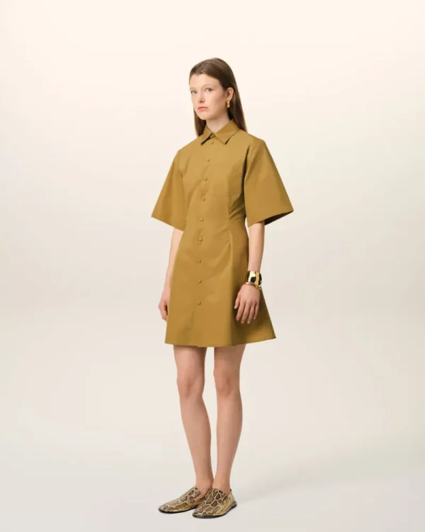 Flash Sale Mustard Cotton Short Sleeve Shirt Dress Women Dresses & Jumpsuits