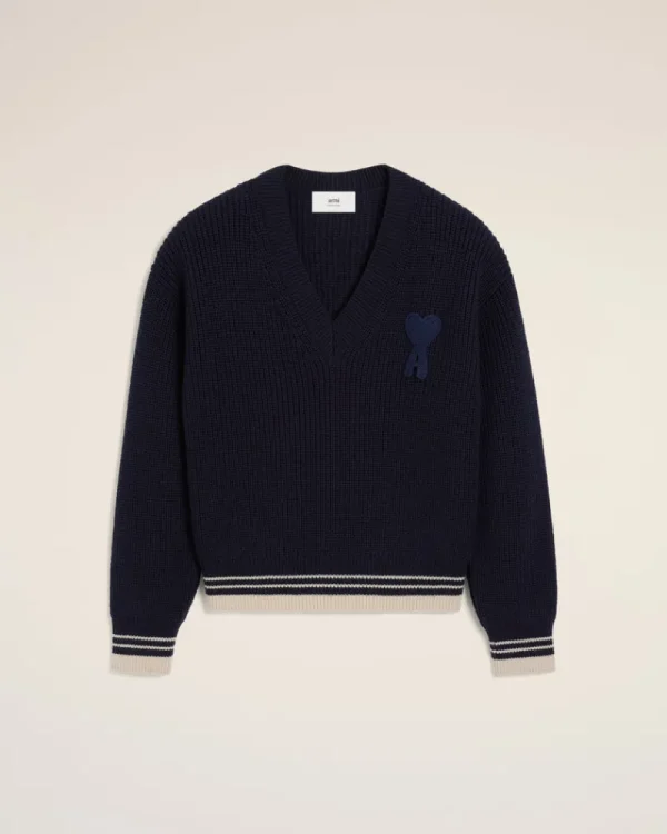 New Navy Wool Ribbed V Neck Sweater Women Sweaters & Cardigans | Ami De Coeur