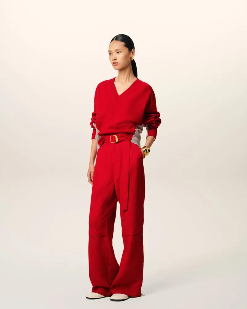 Fashion Red Wool Knit Bicolor V Neck Sweater Women Sweaters & Cardigans | Ami De Coeur