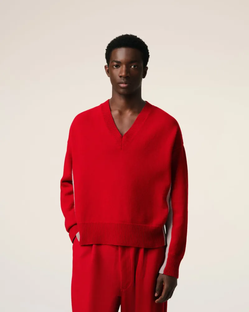 Clearance Red Wool Knit Bicolor V Neck Sweater Sweaters & Cardigans | Ami De Coeur