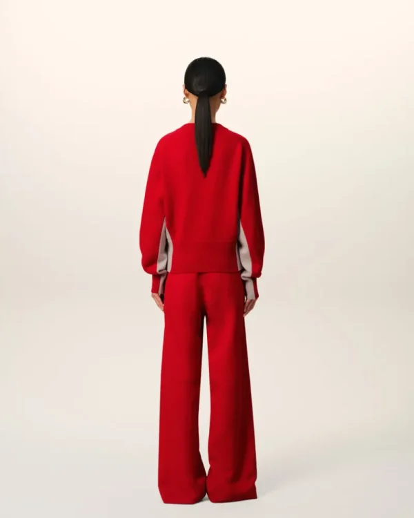 Fashion Red Wool Knit Bicolor V Neck Sweater Women Sweaters & Cardigans | Ami De Coeur