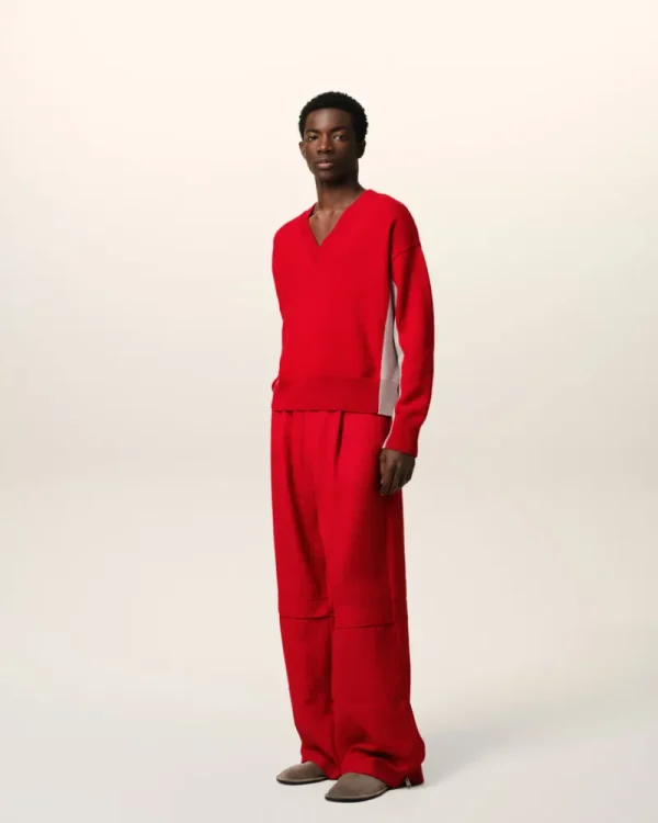 Clearance Red Wool Knit Bicolor V Neck Sweater Sweaters & Cardigans | Ami De Coeur